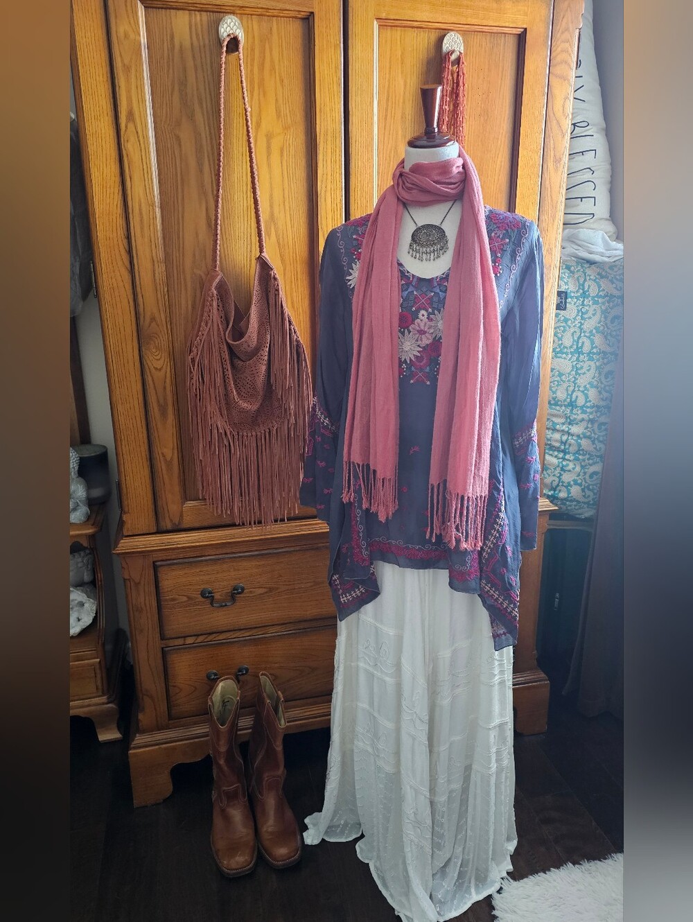 Johnny Was Boho Embroidered Cupra Rayon Tunic Top Small Boho Floral Tunic